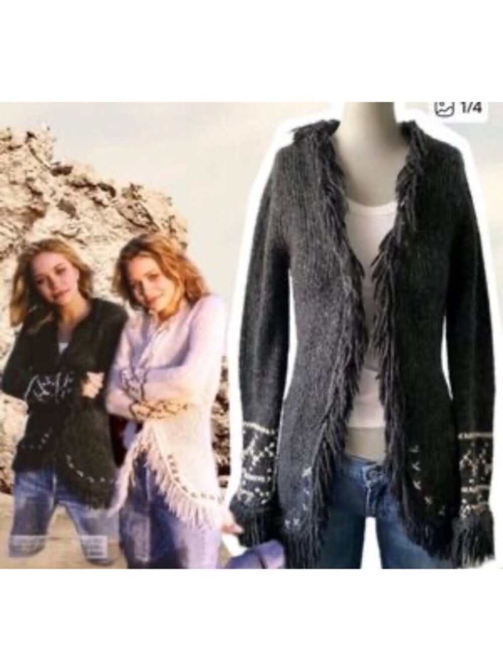 Free People vintage Y2K Fringe Open Cardigan Sweater L Wool Blend Boho Embroider - Picture 5 of 10